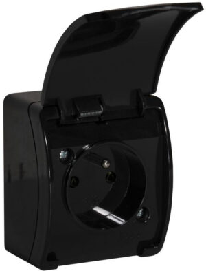 Gniazdo natynkowe pojedyncze z uziemieniem, z klapką Viplast Koala Czarne IP44 161-05