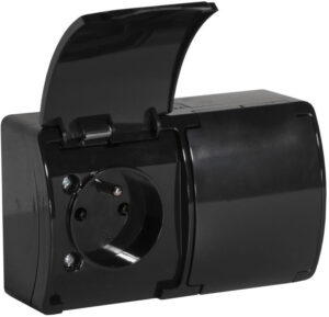 Gniazdo natynkowe podwójne z uziemieniem, z klapką Viplast Koala Czarne IP44 162-05